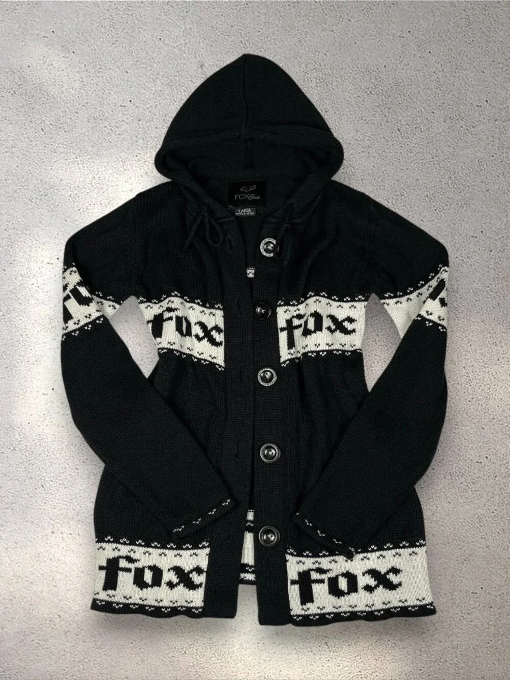VTG Fox Racing Hooded Cardigan Sweater Women’s L Black Nordic Knit Mall Alt Y2K